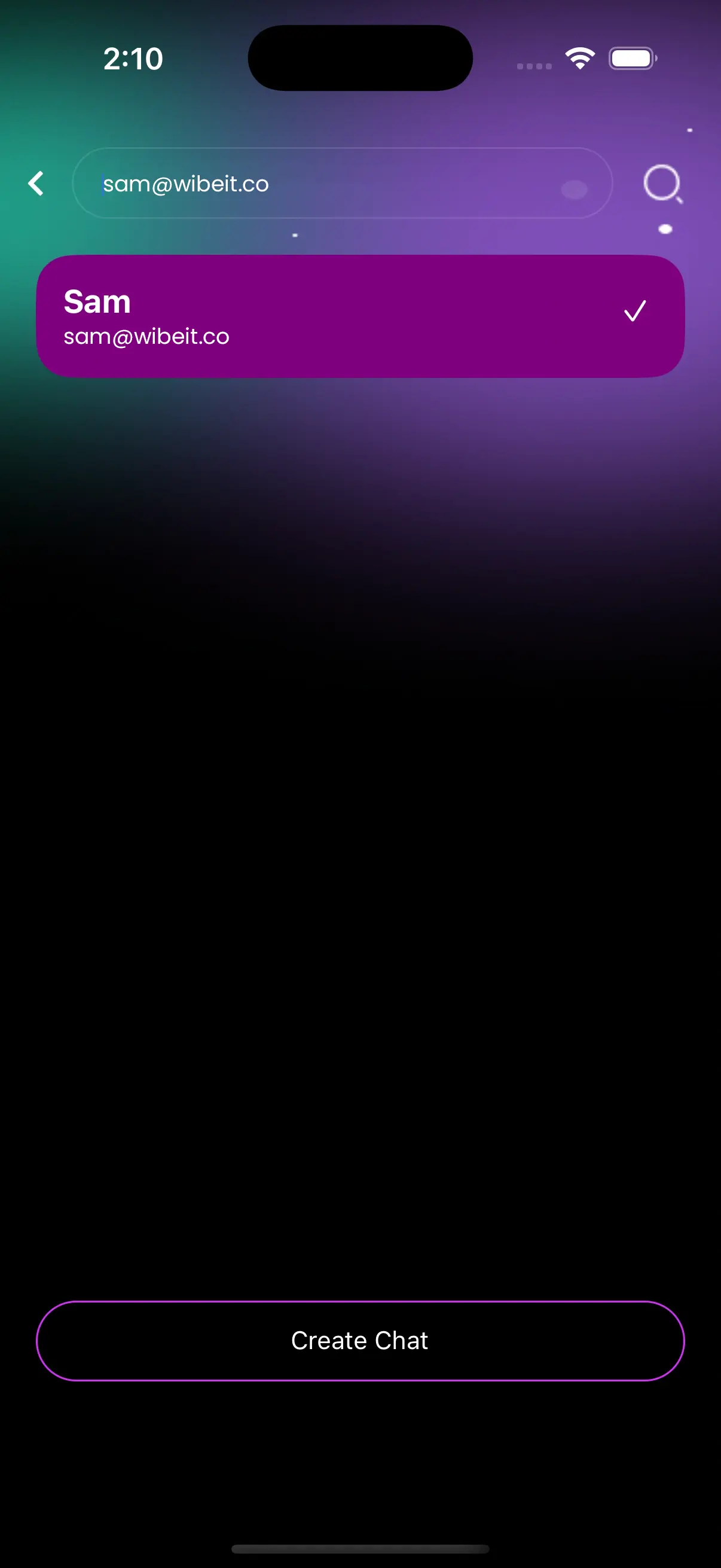 Wibet app create chat screen with selected contact and start conversation option 