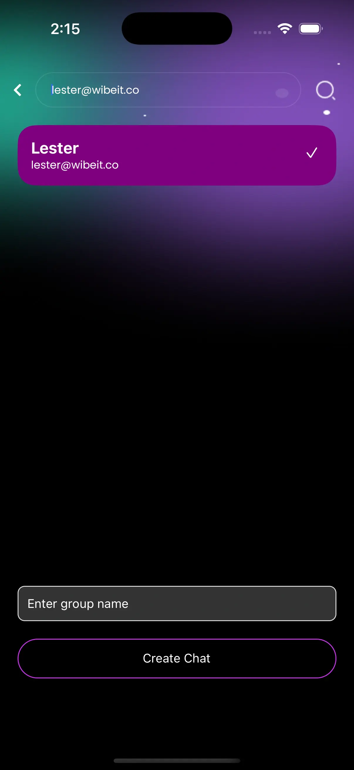 Wibet app group chat creation screen showing contact list to select multiple users